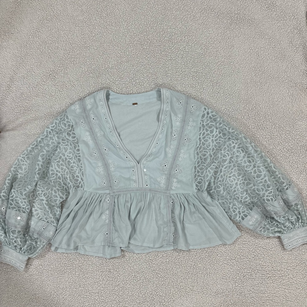 Free People Boogie All Night Blouse Light Blue - Picture 3 of 8